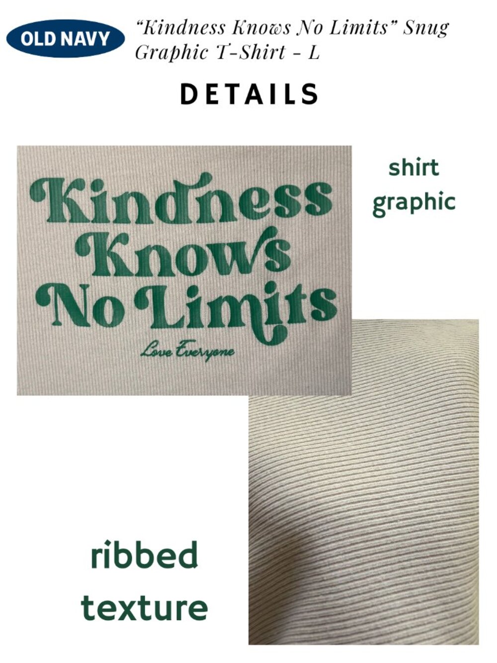 Old Navy “Kindness Knows No Limits” Graphic Tee Cream Green Fitted T-Shirt - L - Picture 2 of 5